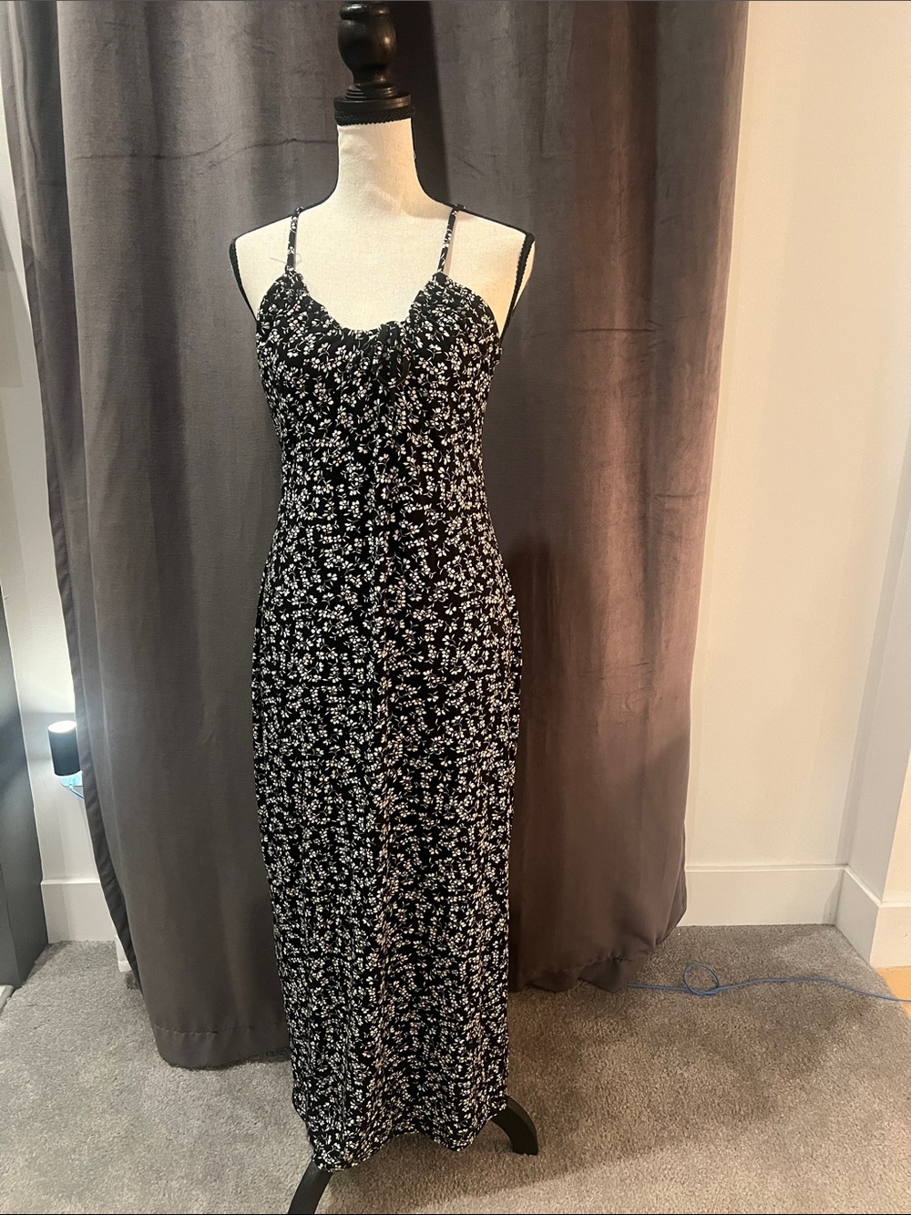 Amazon Black and White Floral Spaghetti-Strap Maxi Dress with Gathered Bodice